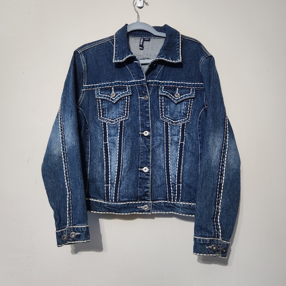 Zenim Denim jacket cross rhinestone studded jean jacket large biker